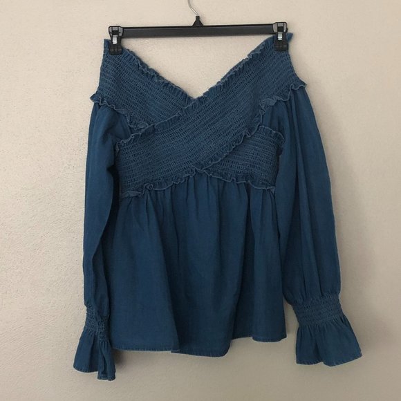 ASOS Denim Long Sleeve Off Shoulder Top SZ 8 - Picture 2 of 4